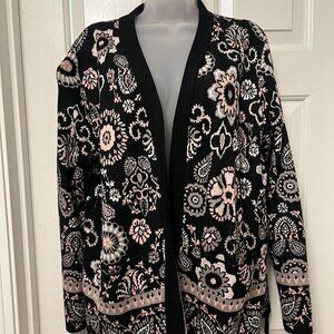 Isaac Mizrahi Live Black & Pink Floral Open-Front Sweater w/Fringe